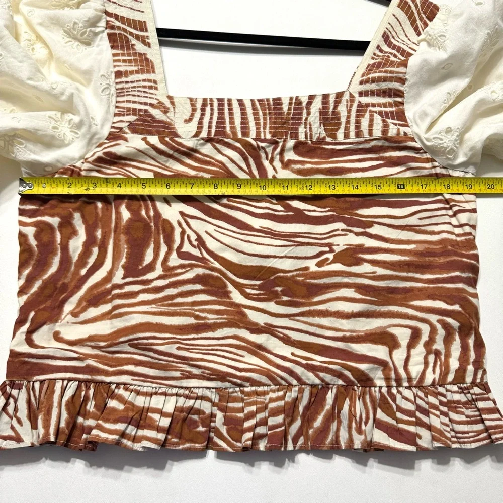 Anthropologie White Eyelet Puff Sleeve Top with Rust Brown Abstract Print